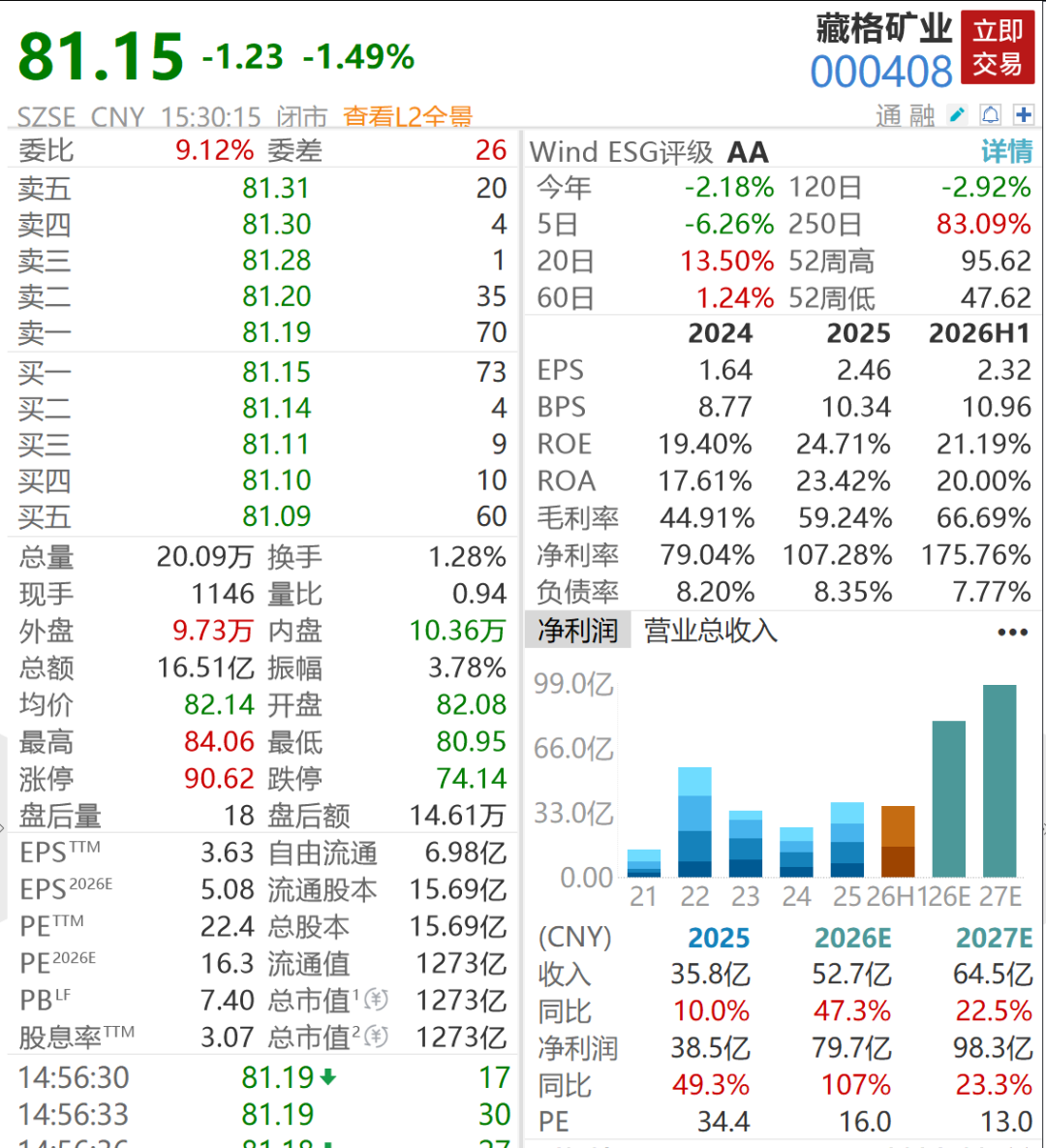 千亿铜矿巨头	，净利大增超100%创历史新高
